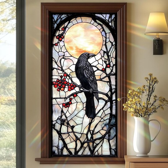 Greentek; Stained Glass Raven Window Film, Gothic Privacy Window Decal with Moon and Berry Design, Removable Static Cling Glass Sticker for Living Room Bedroom Home Decor, 17.7 x 39.3 Inch; Category:Halloween Decorations; Image:1